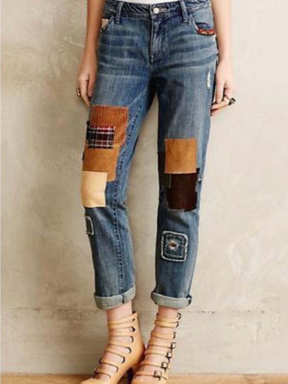 Anthropologie Blue Patchwork Boyfriend Jeans with Tan & Brown Accents